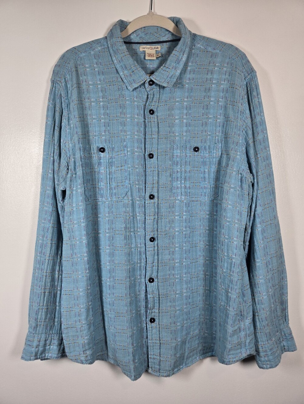 Carbon 2 Cobalt Sea Change Blue Patchwork Madras Gauze Button Down Shirt Mens XL
